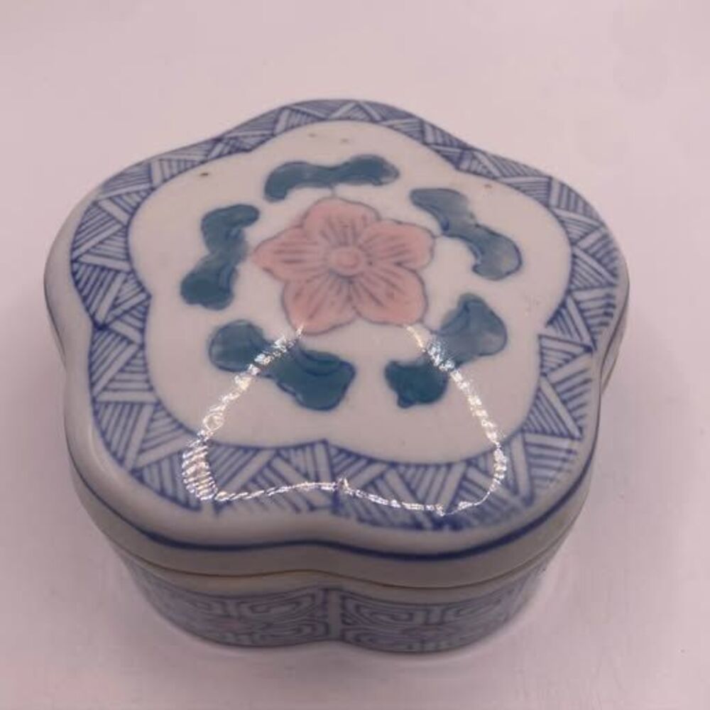 Vintage Blue and White Porcelain Trinket Box Pink Cherry Blossom Made in China